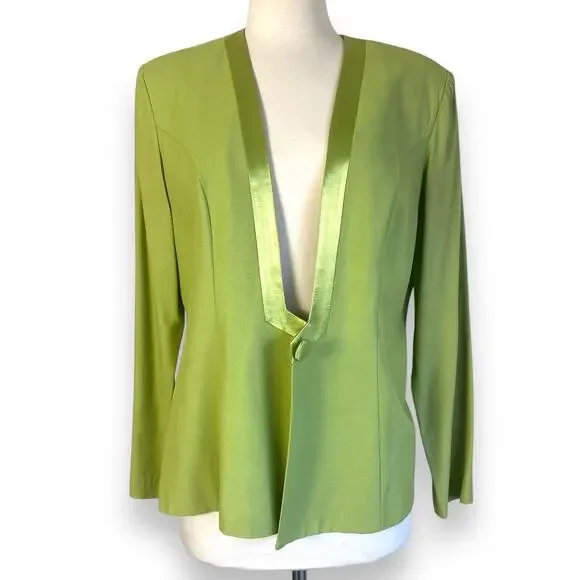 Vintage Lime Green Structured Blazer Satin Embellishment Twee Corpcore Jacket 12 - Picture 2 of 6